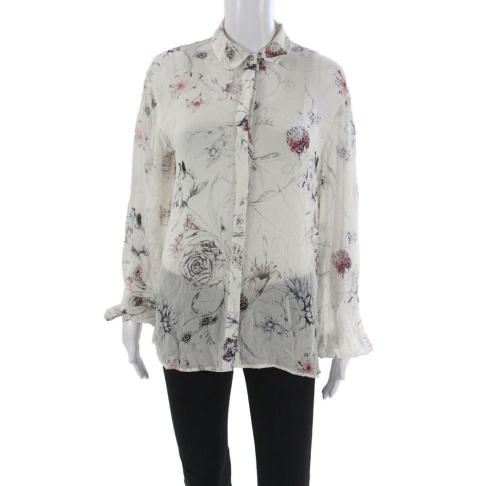 Marchesa Voyage Women Floral Collared Button Up Long Sleeve Blouse Size 6